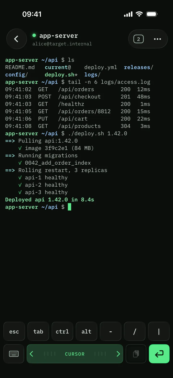 Termfox running a deploy script in a shell, with esc, tab, ctrl and a cursor slider in the key bar.