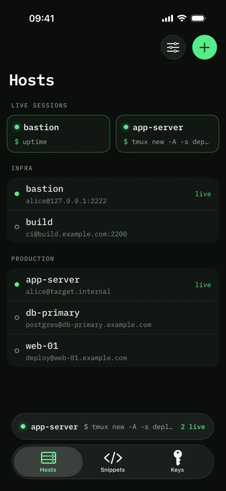 The hosts list with live sessions for bastion and app-server, and hosts grouped into Infra and Production.