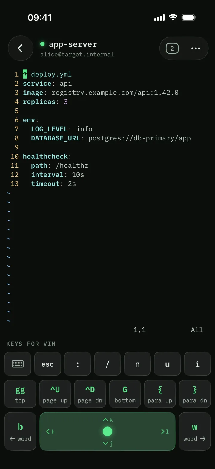 Termfox editing a YAML file in vim, with keys for gg, page up and down, paragraphs and word jumps.