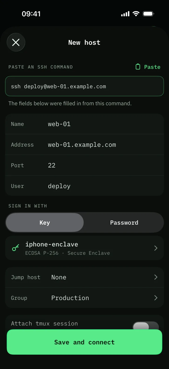 The new host form filled in from the pasted command ssh deploy@web-01.example.com.