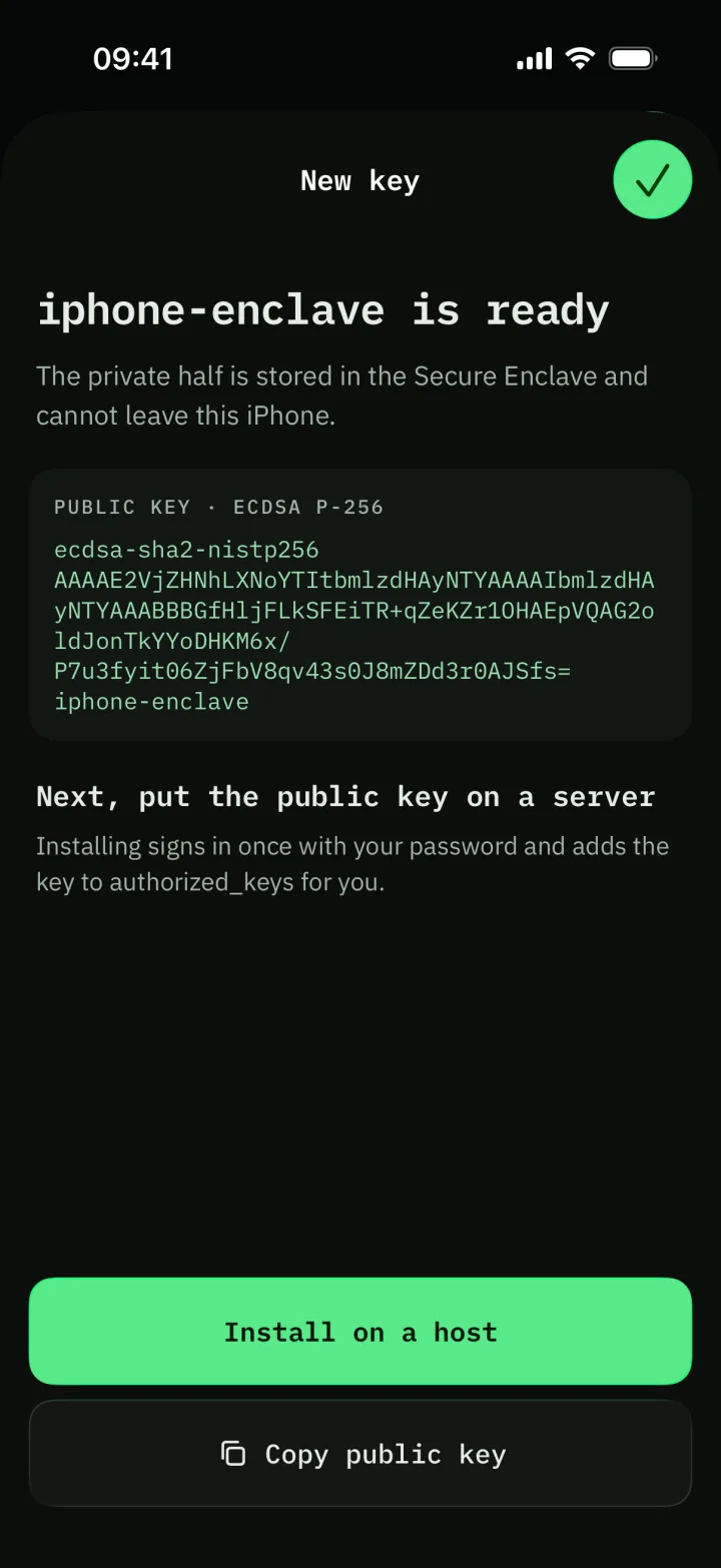 A new Secure Enclave key called iphone-enclave, with its public key and a button to install it on a host.